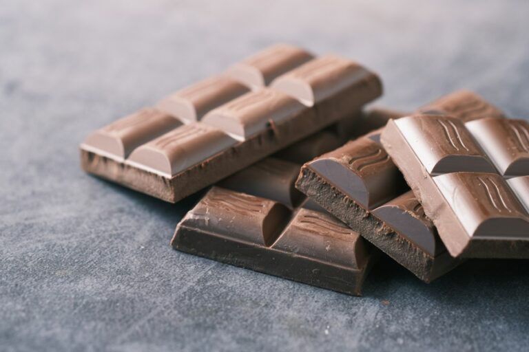 Tablettes de chocolat noir alignees dans une chocolaterie
